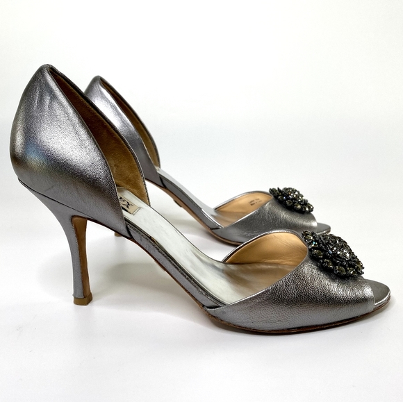 BADGLEY MISCHKA Silver Leather Peep Toe Heels Sz 10 - Picture 4 of 14